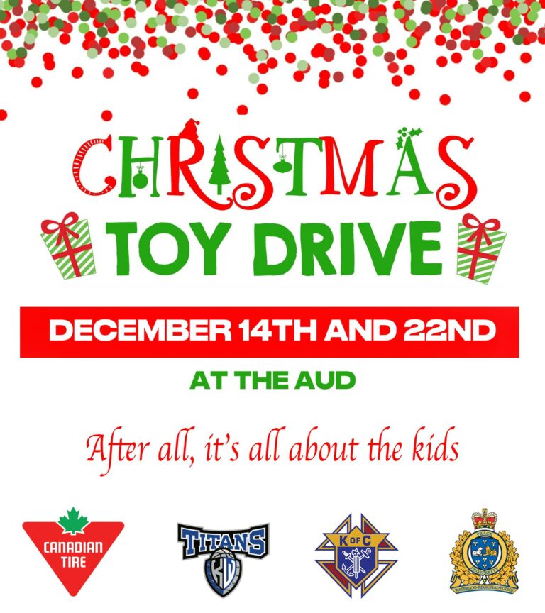 Christmas Toy Drive wording with presents and sponsors listed.