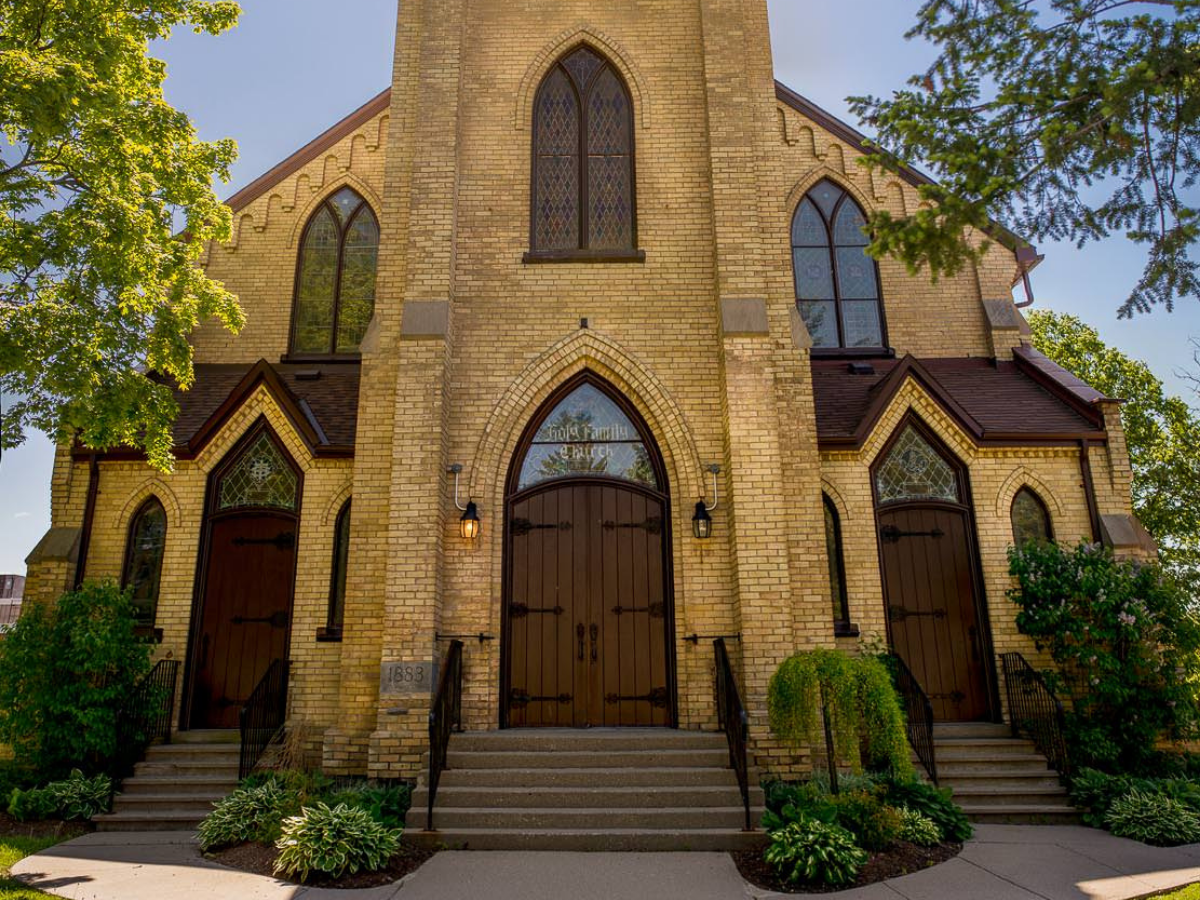 Holy Family church front steps in bright sunshine